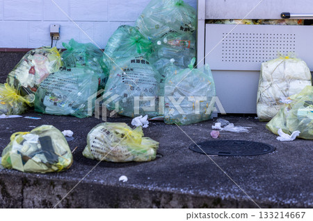 垃圾遍地，一片狼藉。人們把垃圾裝進指定的垃圾袋裡丟掉。 133214667