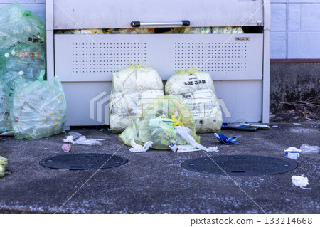 A littered garbage dump. People are throwing away trash in designated garbage bags. 133214668