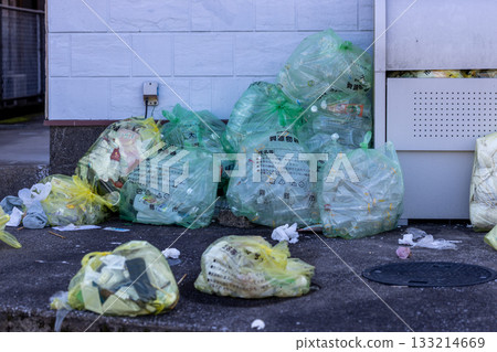 A littered garbage dump. People are throwing away trash in designated garbage bags. 133214669