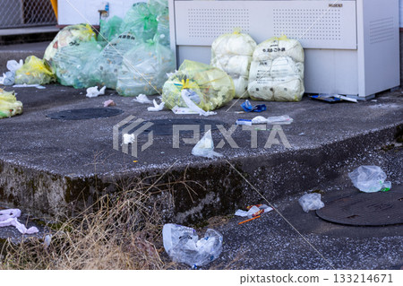 A littered garbage dump. People are throwing away trash in designated garbage bags. 133214671