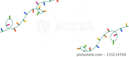 Christmas color light string garland frame. Holiday bright decoration. New Year luxury string baubles. Celebration party background. Fairy glowing bulb. Led neon lamp banner. Vector illustration Christmas color light string garland frame. Holiday bright decoration. New Year luxury string baubles. Celebration party background. Fairy glowing bulb. Led neon lamp banner. Vector illustration 133214708
