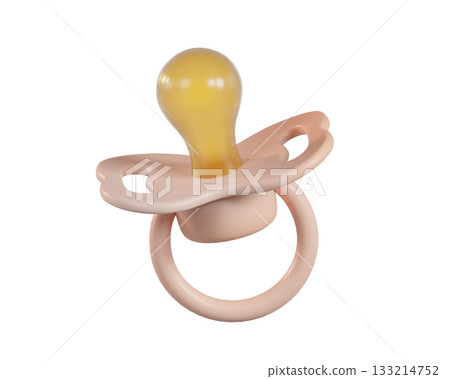 3D Pink baby pacifier icon. Silicone nipple. Newborn girl accessory in soft pastel colors isolated on a transparent background. 3D render 133214752