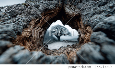 Snow-covered tree trunks 133214802