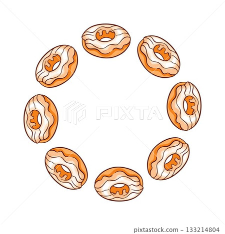 Wreath with icing vanilla donut arranged in a decorative ring on a white background in cartoon style. 133214804