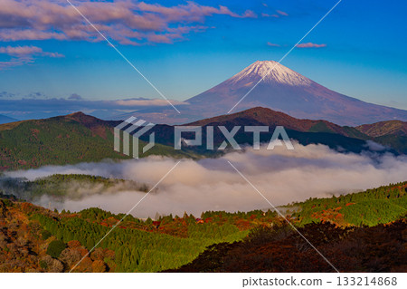 [Kanagawa Prefecture] The sea of clouds over Lake Ashi and Mount Fuji from Mount Daikanzan in Hakone during the autumn foliage season 133214868