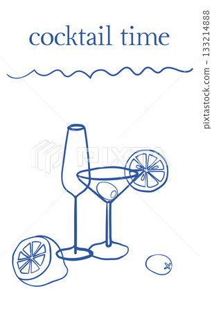 Hand-drawn card with menu template Cocktail time title and cocktail glasses with lemon and olives drawings Hand-drawn card with menu template Cocktail time title and cocktail glasses with lemon and olives drawings 133214888
