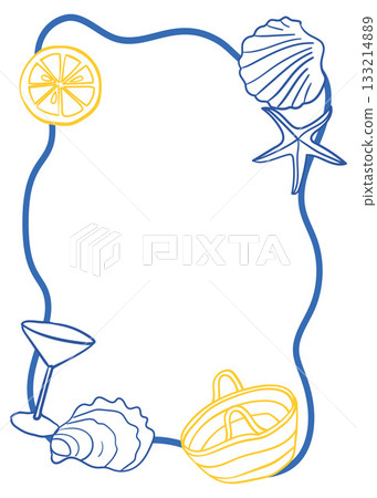 hand-drawn card with frame and seashells, starfish, lemon, oyster and cocktail glass drawings in Mediterranean style hand-drawn card with frame and seashells, starfish, lemon, oyster and cocktail glass drawings in Mediterranean style 133214889