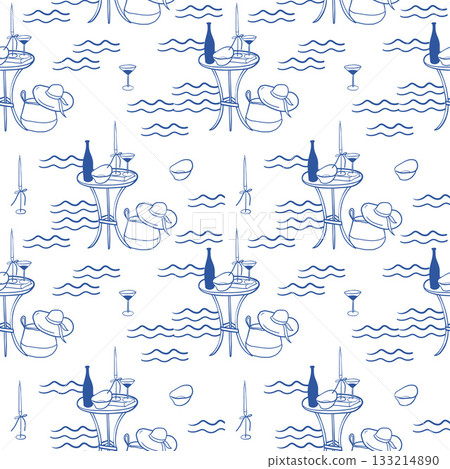 Hand drawn seamless pattern about summer seaside picnic with candle, bow, waves, cocktail in blue line art Mediterranean style Hand drawn seamless pattern about summer seaside picnic with candle, bow, waves, cocktail in blue line art Mediterranean style 133214890