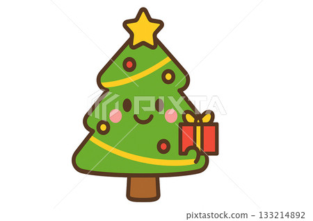 Cute Christmas tree character illustration (present, white background, cute, simple) Cute Christmas tree character illustration (present, white background, cute, simple) 133214892