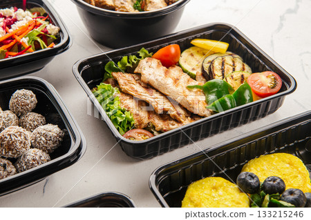 Healthy meal delivery with assorted dishes Healthy meal delivery with assorted dishes 133215246