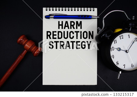 Harm Reduction Strategy text written on notepad with gavel and alarm clock on black background 133215317