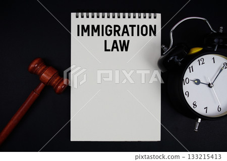Immigration Law text written on notepad with gavel and alarm clock on black background 133215413