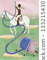 A colorful and fun illustration of a 2026 New Year's card design featuring a woman riding a horse and spraying water with a hose 133215430
