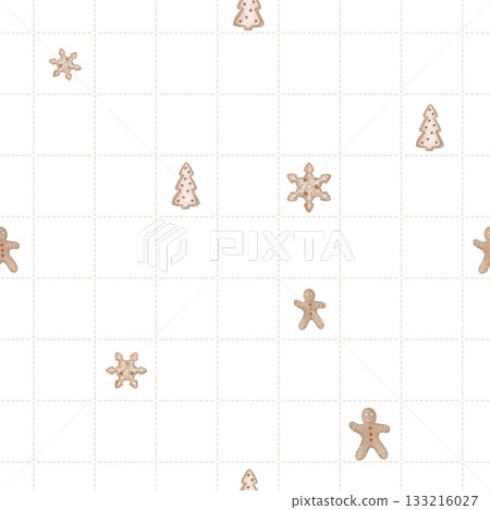 Christmas seamless pattern with gingerbread man and cookies in the shape of a snowflake and tree. Repeat new year ornament with illustration sweet winter cookie on checkered background Christmas seamless pattern with gingerbread man and cookies in the shape of a snowflake and tree. Repeat new year ornament with illustration sweet winter cookie on checkered background 133216027