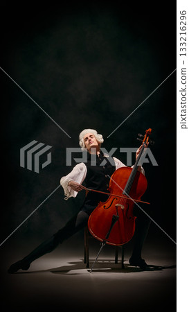 Baroque musician playing cello with exaggerated theatrical body stretch Baroque musician playing cello with exaggerated theatrical body stretch 133216296