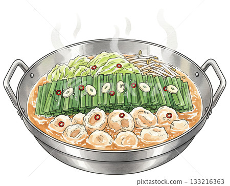 內臟火鍋（motsunabe）插圖，裡面有大量韭菜和內臟 133216363
