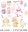 It's a girl. Watercolor hand-drawn set of baby girl illustrations pink tones, bear, bunny, goose, cupcake, ribbons, baloons. 133216386