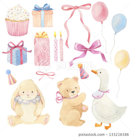 It's a girl. Watercolor hand-drawn set of baby girl illustrations pink tones, bear, bunny, goose, cupcake, ribbons, baloons. It's a girl. Watercolor hand-drawn set of baby girl illustrations pink tones, bear, bunny, goose, cupcake, ribbons, baloons. 133216386