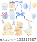 It's a boy. Watercolor hand-drawn set of baby boy illustrations blue tones, bear, bunny, goose, cupcake, ribbons, baloons. 133216387
