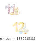 Baby numbers illustrations for birthday celebration party, nursery or milestones. Hand-drawn watercolor illustration with cute animals. 133216388