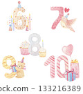 Baby numbers illustrations for birthday celebration party, nursery or milestones. Hand-drawn watercolor illustration with cute animals. 133216389
