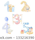 Baby numbers illustrations for birthday celebration party, nursery or milestones. Hand-drawn watercolor illustration with cute animals. 133216390