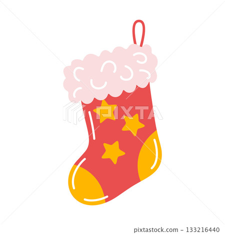 Red Christmas stocking with yellow stars. Bright Hand drawn trendy flat style Red Christmas stocking with yellow stars. Bright Hand drawn trendy flat style 133216440
