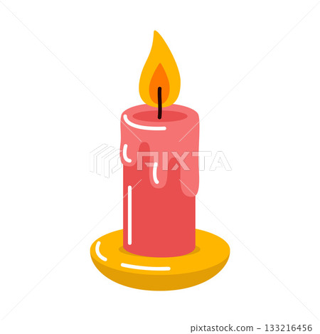 Bright red candle burning on yellow saucer, with melted wax. Colorful flat style. 133216456
