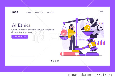 Vector illustration depicting a conversation on AI ethics, featuring a woman and a humanoid robot with scales. The scene symbolizes weighing ethical decisions in AI development. 133216474