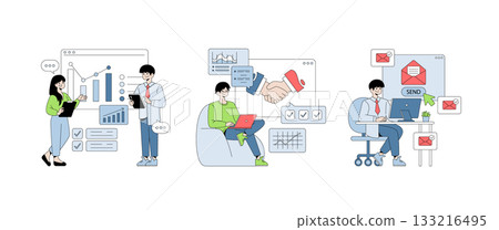 Vector illustration showing teamwork in data analysis and communication. People interacting with charts and graphs, engaging in virtual collaboration, and sending emails. 133216495