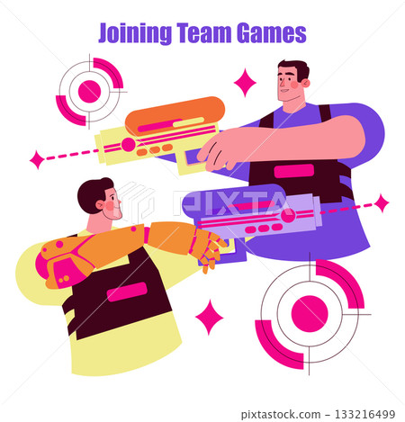Vector illustration depicts two people engaged in a lively team game. They hold futuristic laser guns, symbolizing teamwork and playful competition in a vibrant setting. 133216499