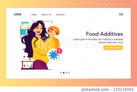 Vector illustration of a smiling woman holding a burger, highlighting food additives. Test tubes and a virus-like symbol convey themes of chemicals and health in food. 133216501
