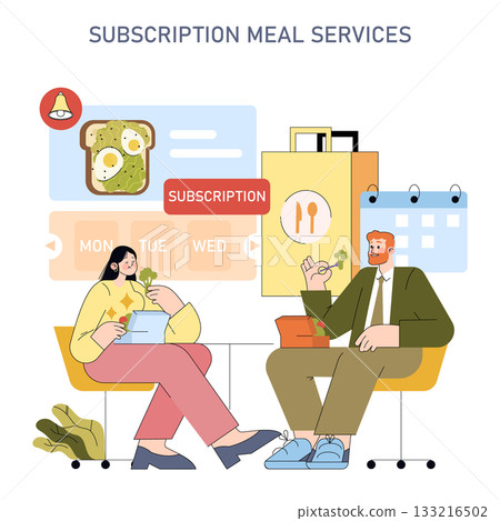 People enjoying subscription meal service in a cozy setting. They are having a friendly conversation while exploring meal options on digital devices. Vector illustration highlights food delivery and 133216502