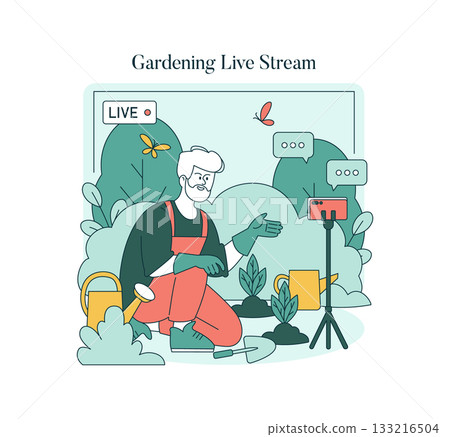 Vector illustration depicting a gardener hosting a live stream focusing on plant care. The gardener is engaging their audience with tips and demonstrating gardening techniques in a lush setting. Vector illustration depicting a gardener hosting a live stream focusing on plant care. The gardener is engaging their audience with tips and demonstrating gardening techniques in a lush setting. 133216504
