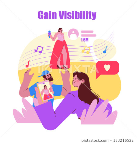 Vector illustration showing a woman singing on stage as fans record and interact via social media. Vibrant colors highlight digital engagement and music appreciation. Vector illustration showing a woman singing on stage as fans record and interact via social media. Vibrant colors highlight digital engagement and music appreciation. 133216522