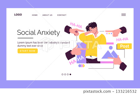 Vector illustration depicting social anxiety with a person experiencing stress due to online interaction. Various hands point at them, emphasizing feelings of pressure and unease. Vector illustration depicting social anxiety with a person experiencing stress due to online interaction. Various hands point at them, emphasizing feelings of pressure and unease. 133216532
