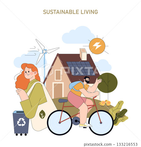 Vector illustration depicting a sustainable lifestyle. Features a person cycling and another recycling near a solar-powered home, emphasizing eco-friendly practices and renewable energy use. 133216553