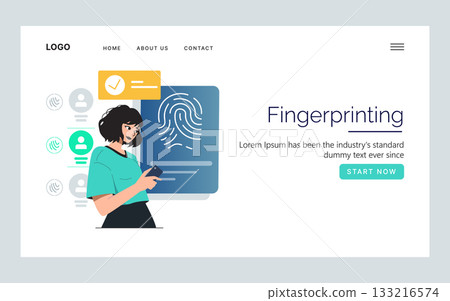 Woman evaluating fingerprint data on a digital interface. This vector illustration showcases technology, security, and modern digital identification concepts, highlighting user interactions. Woman evaluating fingerprint data on a digital interface. This vector illustration showcases technology, security, and modern digital identification concepts, highlighting user interactions. 133216574