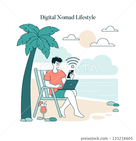 Vector illustration of a cheerful person working remotely by the beach. Wearing casual clothes, they engage with a laptop and phone under a palm tree, embracing the digital nomad lifestyle. 133216605