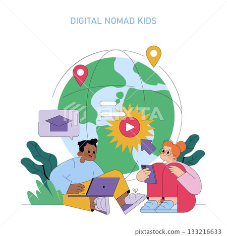 Vector illustration of two kids using digital devices for learning remotely. They sit outdoors, engaging with laptops and tablets, surrounded by symbols of global connectivity and education. 133216633