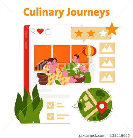 Vector illustration showcasing two people sharing a dining experience, emphasizing a culinary journey concept. Includes elements like food, star ratings, and a location map, reflecting exploration and Vector illustration showcasing two people sharing a dining experience, emphasizing a culinary journey concept. Includes elements like food, star ratings, and a location map, reflecting exploration and 133216635