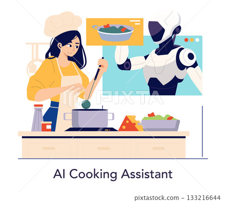 Chef collaborates with AI robot providing cooking instructions in a kitchen setting, illustrating advanced technology in culinary arts. The scene showcases harmony between human creativity and AI 133216644