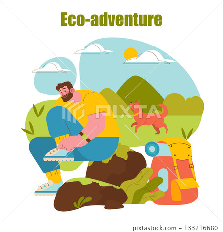 Vector illustration of a man sitting outdoors tying his shoes, with a playful dog nearby and a backpack in the background. The scene highlights preparation for an eco-adventure in nature. 133216680