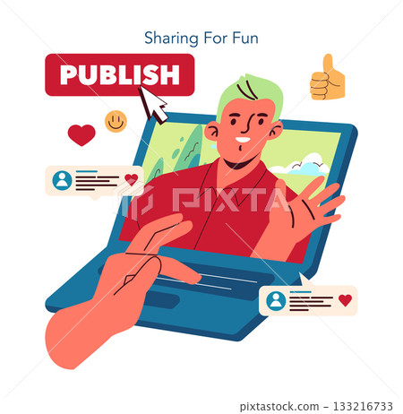 Colorful vector illustration shows a hand interacting with a laptop screen. Engaging online content is depicted through social media reactions like hearts and thumbs-up icons. 133216733