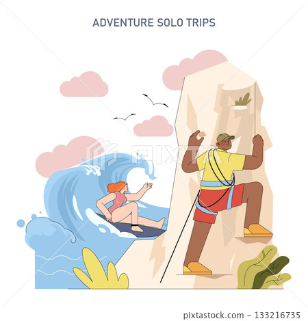 Vibrant vector illustration of a duo journeying on solo adventures. A woman skillfully surfs a wave, while a man confidently climbs a rock. Perfect for travel and adventure themes. 133216735