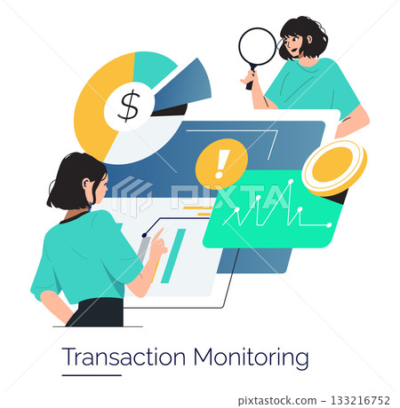 Vector illustration showing two individuals interacting with digital financial charts and graphs for transaction monitoring. Includes symbols like a pie chart and rising line graph. Vector illustration showing two individuals interacting with digital financial charts and graphs for transaction monitoring. Includes symbols like a pie chart and rising line graph. 133216752