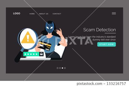 Vector illustration of a masked hacker holding a credit card and laptop, highlighting scam detection and cybersecurity threats with a caution icon. Ideal for awareness content. Vector illustration of a masked hacker holding a credit card and laptop, highlighting scam detection and cybersecurity threats with a caution icon. Ideal for awareness content. 133216757