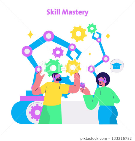 Vector illustration of two people collaborating on a skill-building project involving large colorful gears. The image highlights teamwork and technological advancement in education. 133216782