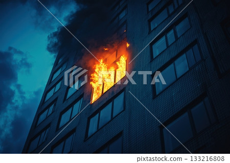 Fire engulfs building window during late evening in urban environment Generative AI Fire engulfs building window during late evening in urban environment Generative AI 133216808