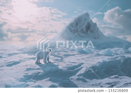 Polar bear stands on ice floe under bright sky in arctic landscape during daylight, showcasing the beauty of nature Generative AI Polar bear stands on ice floe under bright sky in arctic landscape during daylight, showcasing the beauty of nature Generative AI 133216809